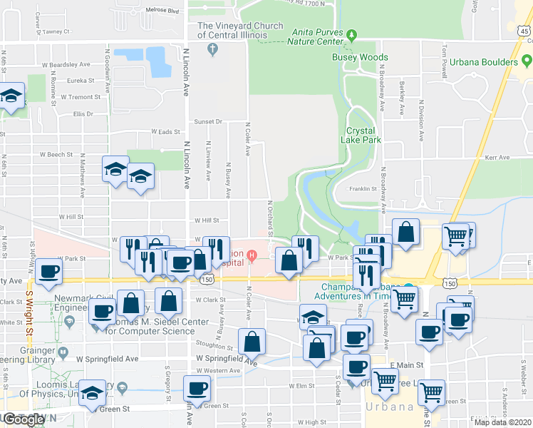 map of restaurants, bars, coffee shops, grocery stores, and more near 803 North Orchard Street in Urbana
