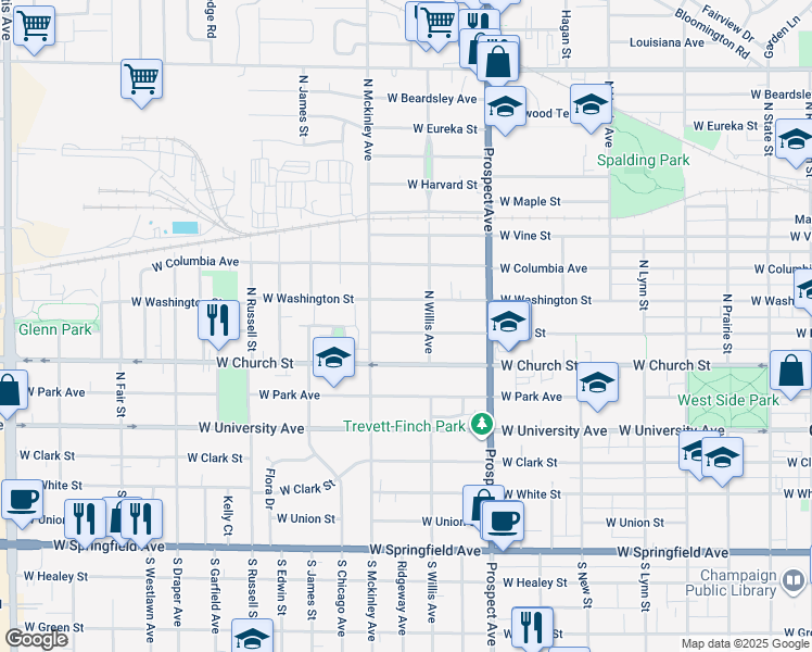 map of restaurants, bars, coffee shops, grocery stores, and more near 1008 West Hill Street in Urbana