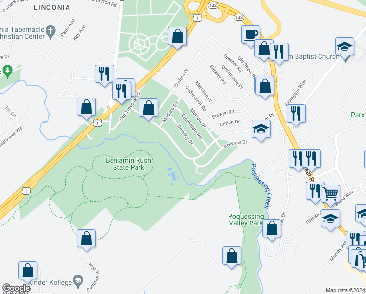 map of restaurants, bars, coffee shops, grocery stores, and more near 3607 Windsor Drive in Bensalem