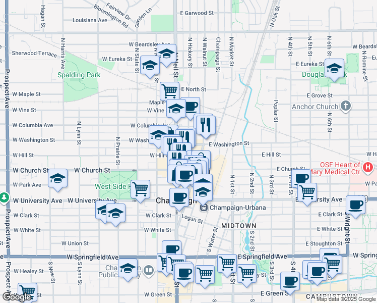 map of restaurants, bars, coffee shops, grocery stores, and more near 346 North Neil Street in Champaign