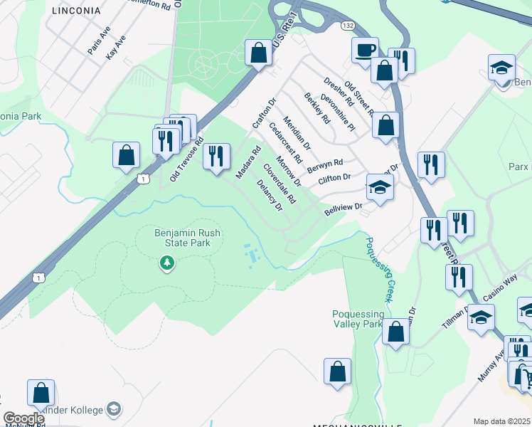 map of restaurants, bars, coffee shops, grocery stores, and more near 3607 Windsor Drive in Bensalem