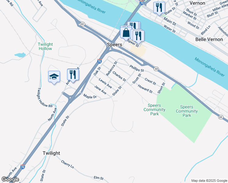 map of restaurants, bars, coffee shops, grocery stores, and more near 153 State Street in Charleroi
