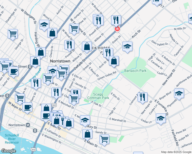 map of restaurants, bars, coffee shops, grocery stores, and more near 1012 Arch Street in Norristown