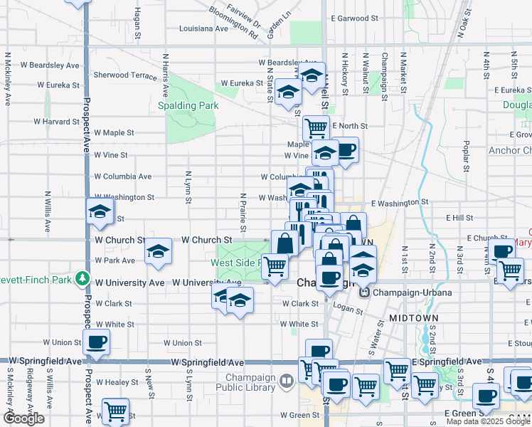 map of restaurants, bars, coffee shops, grocery stores, and more near 211 West Hill Street in Champaign