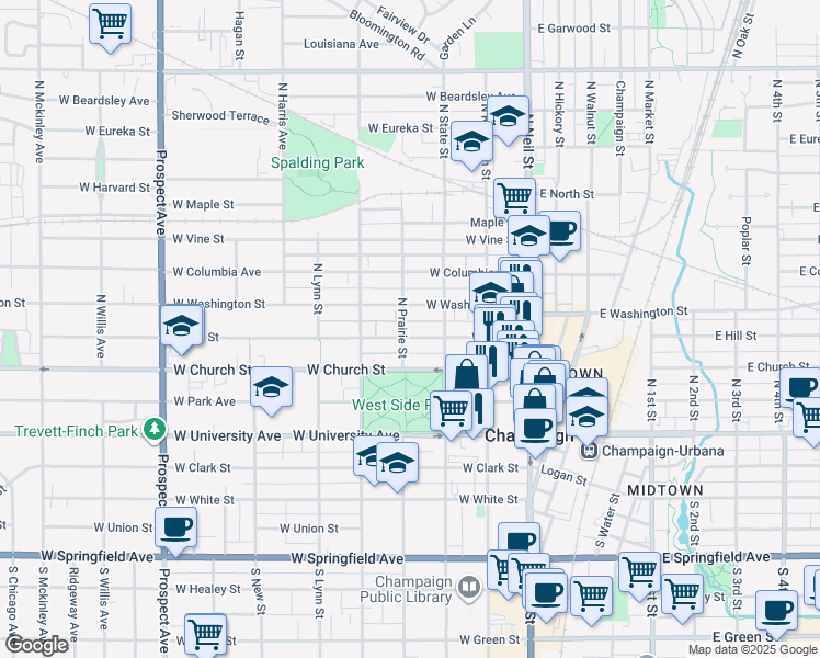 map of restaurants, bars, coffee shops, grocery stores, and more near 309 West Hill Street in Champaign