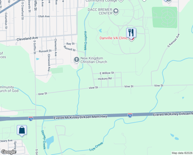 map of restaurants, bars, coffee shops, grocery stores, and more near 512 Coake Street in Danville