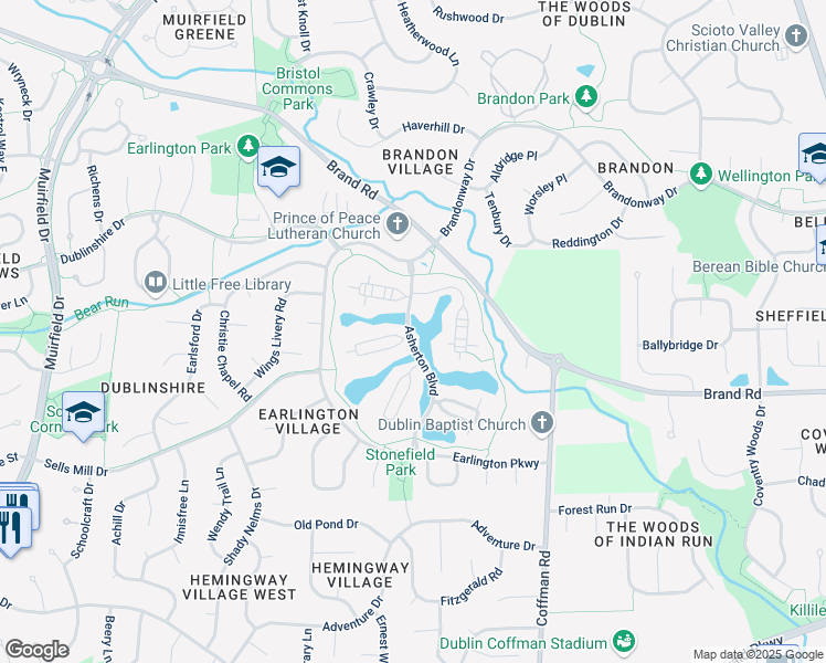 map of restaurants, bars, coffee shops, grocery stores, and more near 5400 Asherton Boulevard in Dublin