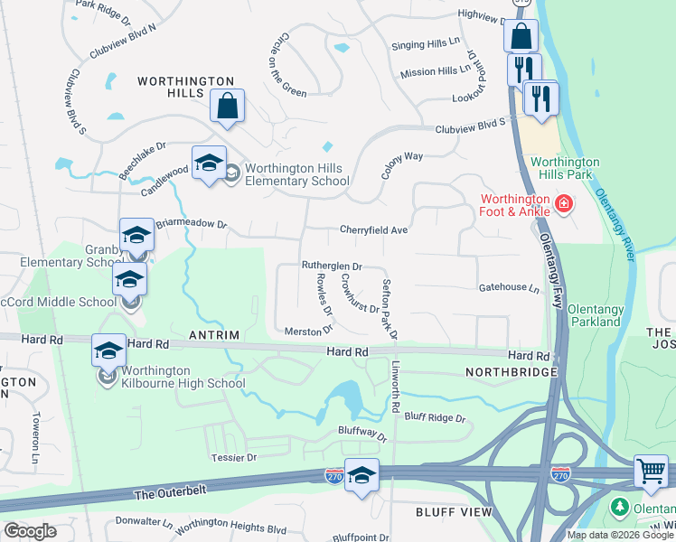 map of restaurants, bars, coffee shops, grocery stores, and more near 1084 Crowhurst Drive in Columbus
