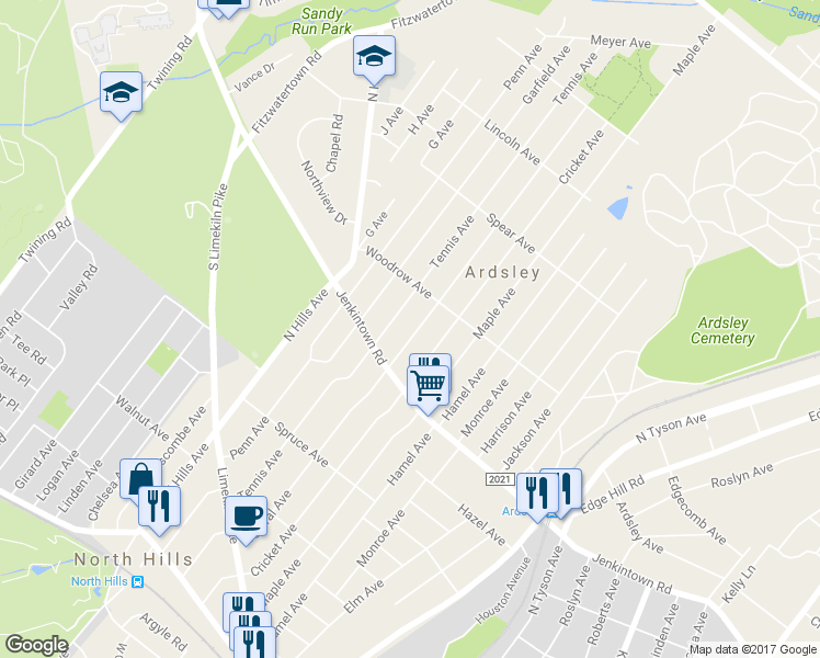 map of restaurants, bars, coffee shops, grocery stores, and more near 636 Central Avenue in Glenside