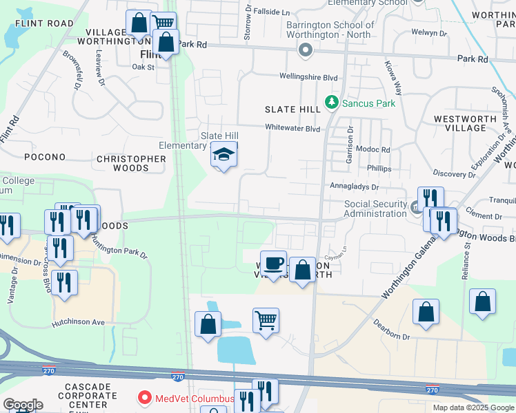 map of restaurants, bars, coffee shops, grocery stores, and more near 570-606 Worthington Woods Boulevard in Columbus