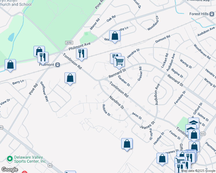 map of restaurants, bars, coffee shops, grocery stores, and more near 10923 Nandina Court in Philadelphia