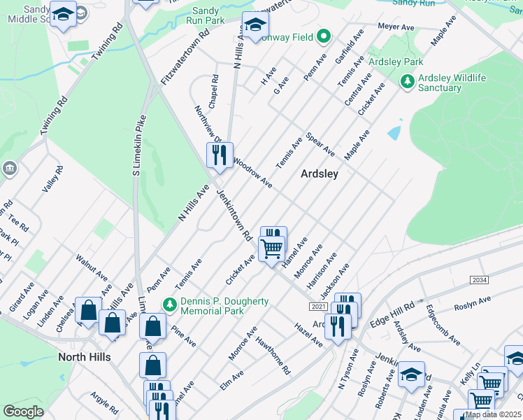 map of restaurants, bars, coffee shops, grocery stores, and more near 636 Central Avenue in Glenside