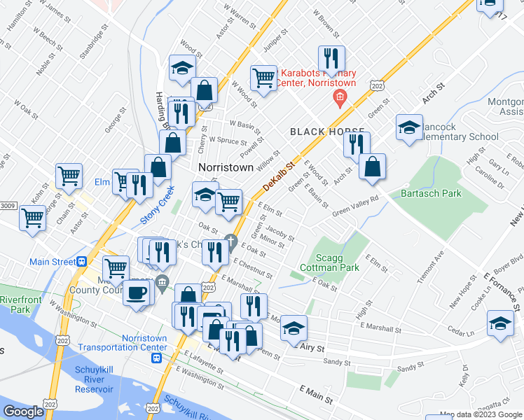 map of restaurants, bars, coffee shops, grocery stores, and more near 902 Green Street in Norristown