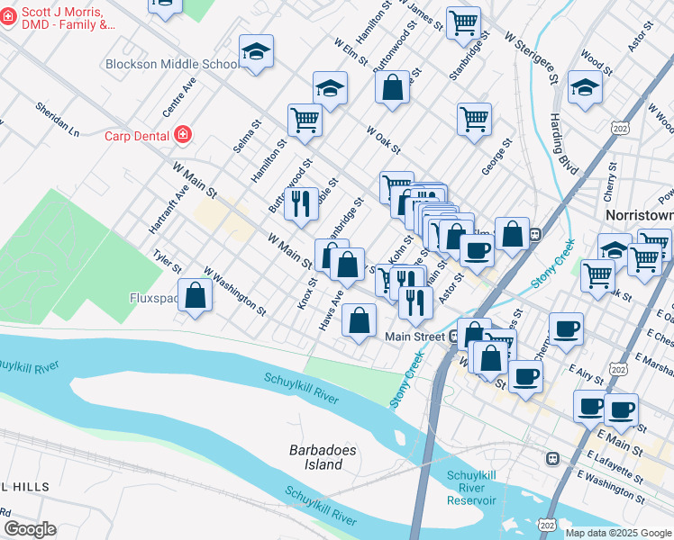 map of restaurants, bars, coffee shops, grocery stores, and more near in Norristown