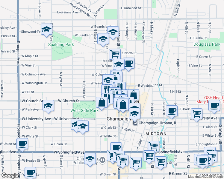 map of restaurants, bars, coffee shops, grocery stores, and more near in Champaign