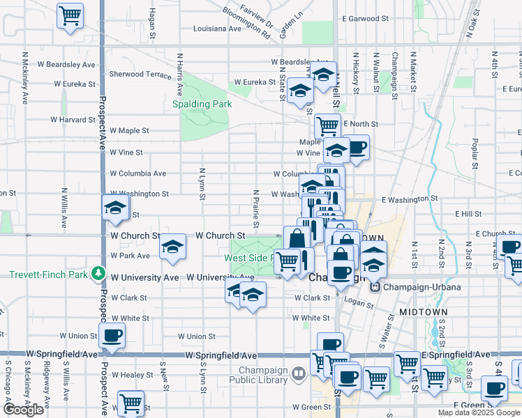 map of restaurants, bars, coffee shops, grocery stores, and more near 309 West Hill Street in Champaign
