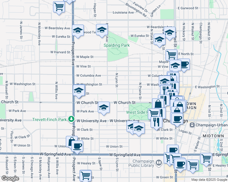 map of restaurants, bars, coffee shops, grocery stores, and more near 605 West Hill Street in Champaign