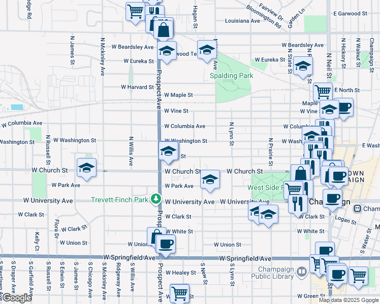 map of restaurants, bars, coffee shops, grocery stores, and more near 709 West Hill Street in Champaign