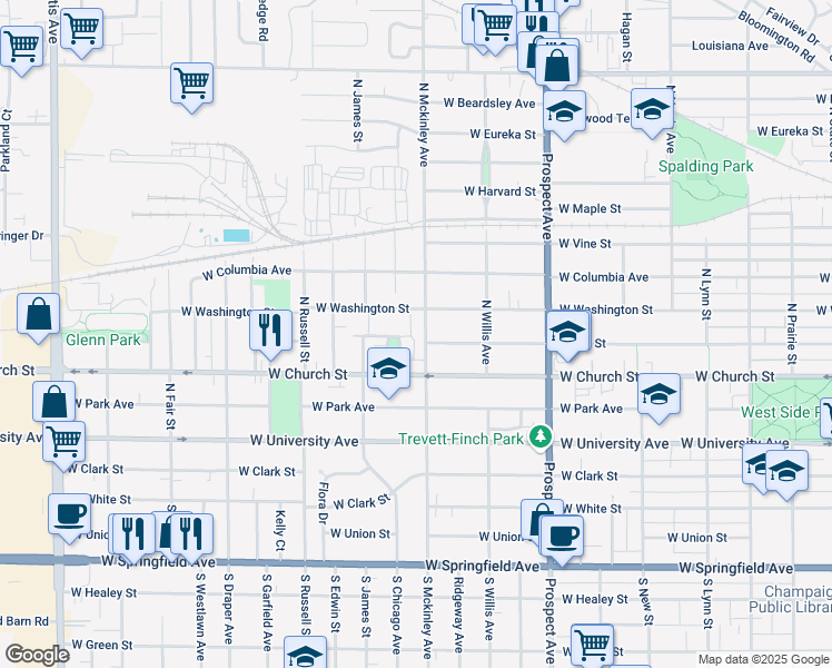 map of restaurants, bars, coffee shops, grocery stores, and more near 307 North Mckinley Avenue in Champaign