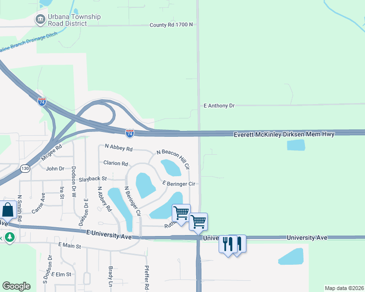 map of restaurants, bars, coffee shops, grocery stores, and more near 606 North Beacon Hill Circle in Urbana