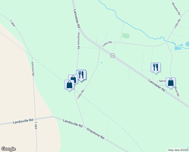 map of restaurants, bars, coffee shops, grocery stores, and more near 1573 Lititz Rd in Manheim