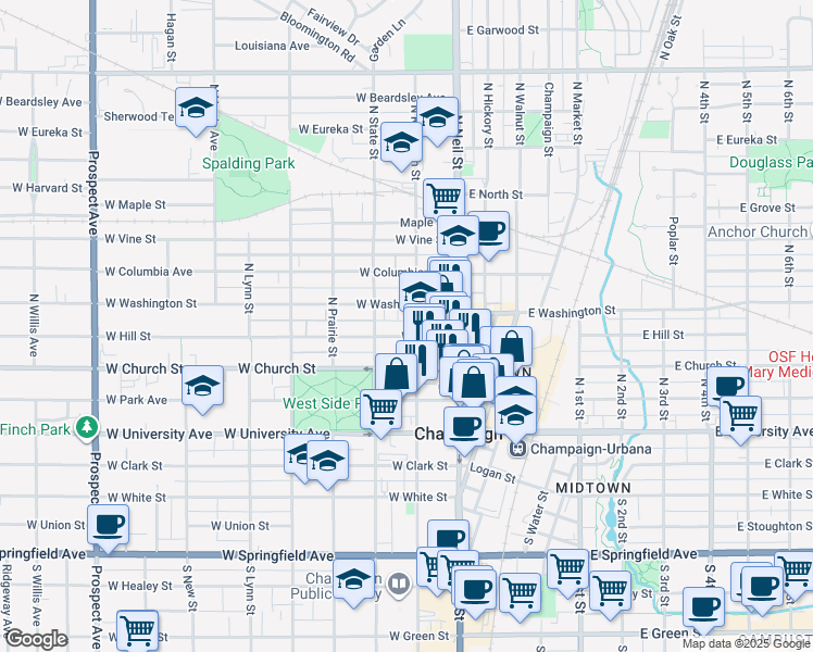 map of restaurants, bars, coffee shops, grocery stores, and more near 202 West Hill Street in Champaign