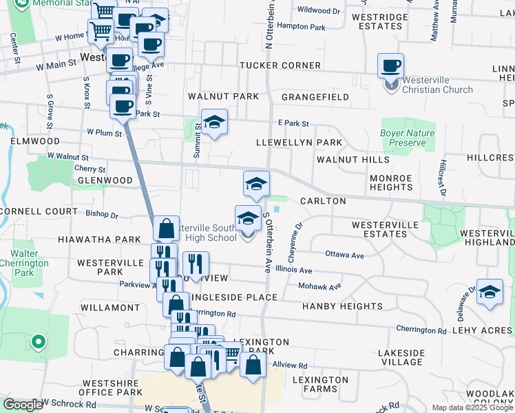 map of restaurants, bars, coffee shops, grocery stores, and more near 223 South Otterbein Avenue in Westerville
