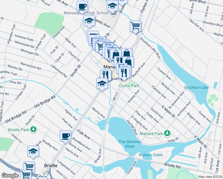 map of restaurants, bars, coffee shops, grocery stores, and more near 101 Mount Lane in Manasquan