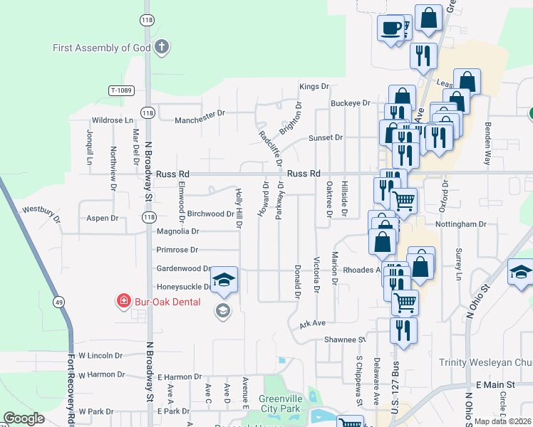map of restaurants, bars, coffee shops, grocery stores, and more near 1209 Howard Drive in Greenville