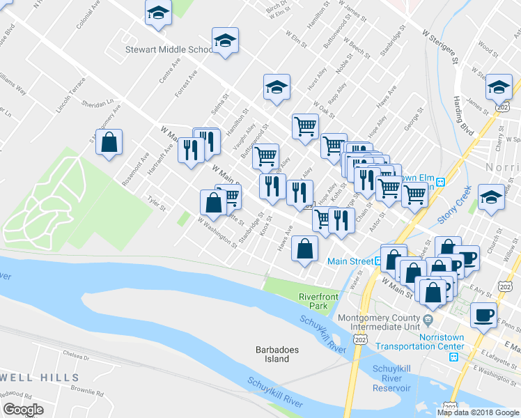 map of restaurants, bars, coffee shops, grocery stores, and more near 900 West Main Street in Norristown