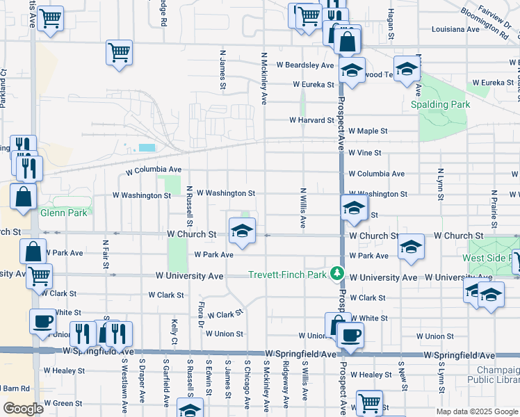 map of restaurants, bars, coffee shops, grocery stores, and more near 307 North Mckinley Avenue in Champaign