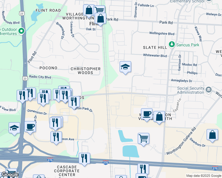 map of restaurants, bars, coffee shops, grocery stores, and more near 467 Alta View Village Court in Worthington
