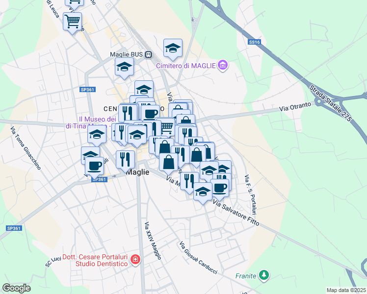 map of restaurants, bars, coffee shops, grocery stores, and more near 87 Via Dante Alighieri in Maglie
