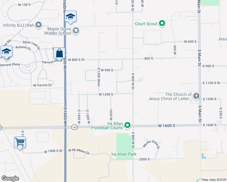 map of restaurants, bars, coffee shops, grocery stores, and more near 1253 1030 W in Mapleton
