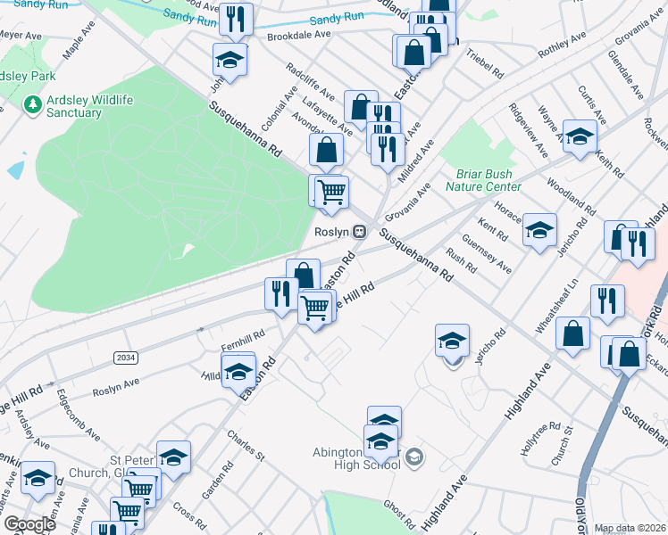 map of restaurants, bars, coffee shops, grocery stores, and more near 1043 Easton Road in Abington