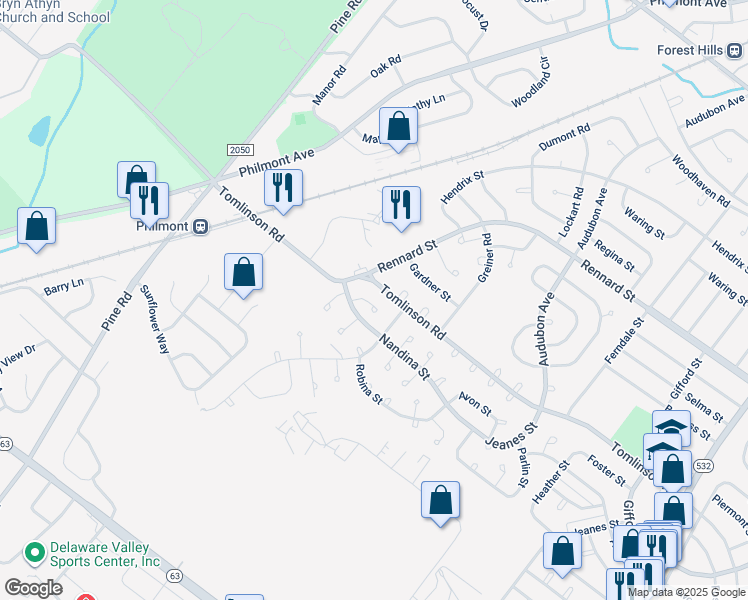 map of restaurants, bars, coffee shops, grocery stores, and more near 10920 Nandina Court in Philadelphia