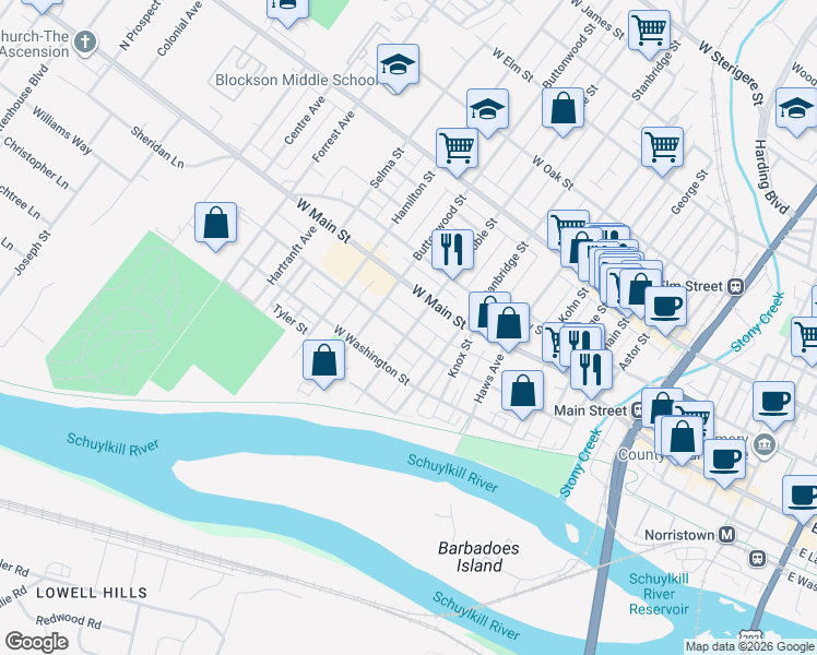 map of restaurants, bars, coffee shops, grocery stores, and more near 131 Noble Street in Norristown