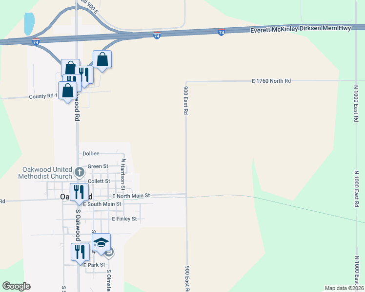map of restaurants, bars, coffee shops, grocery stores, and more near 17200-17298 North 900 East Road in Oakwood
