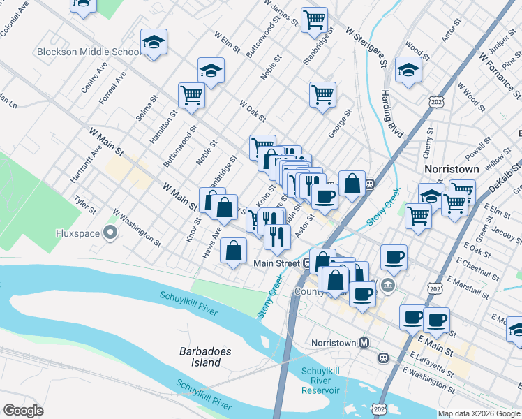 map of restaurants, bars, coffee shops, grocery stores, and more near 512 West Airy Street in Norristown