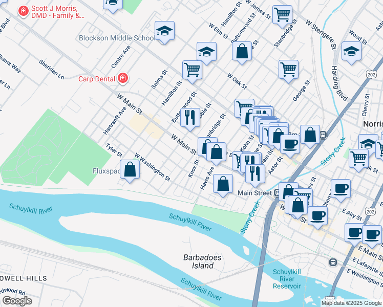 map of restaurants, bars, coffee shops, grocery stores, and more near 900 West Main Street in Norristown