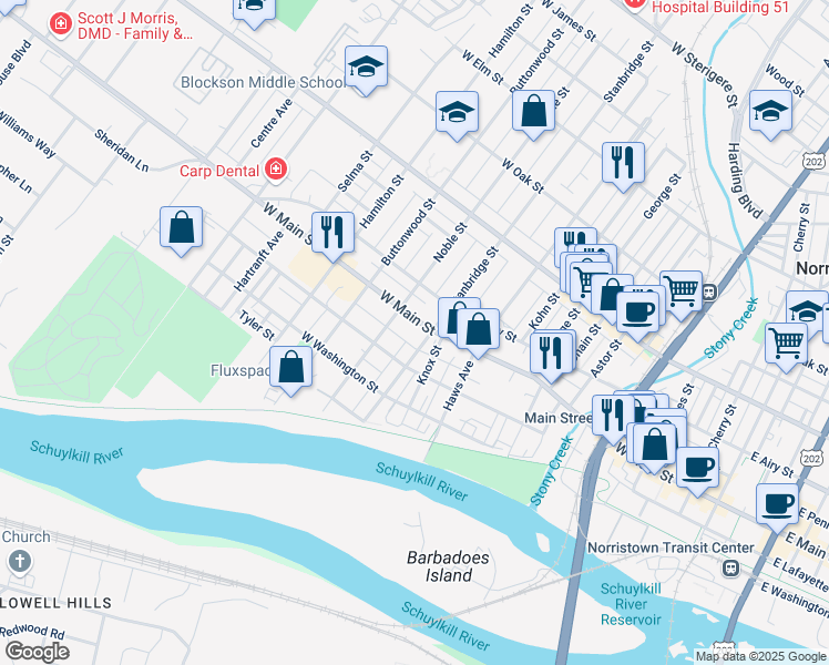 map of restaurants, bars, coffee shops, grocery stores, and more near 913 West Lafayette Street in Norristown