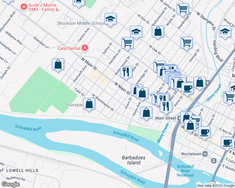 map of restaurants, bars, coffee shops, grocery stores, and more near 913 West Lafayette Street in Norristown
