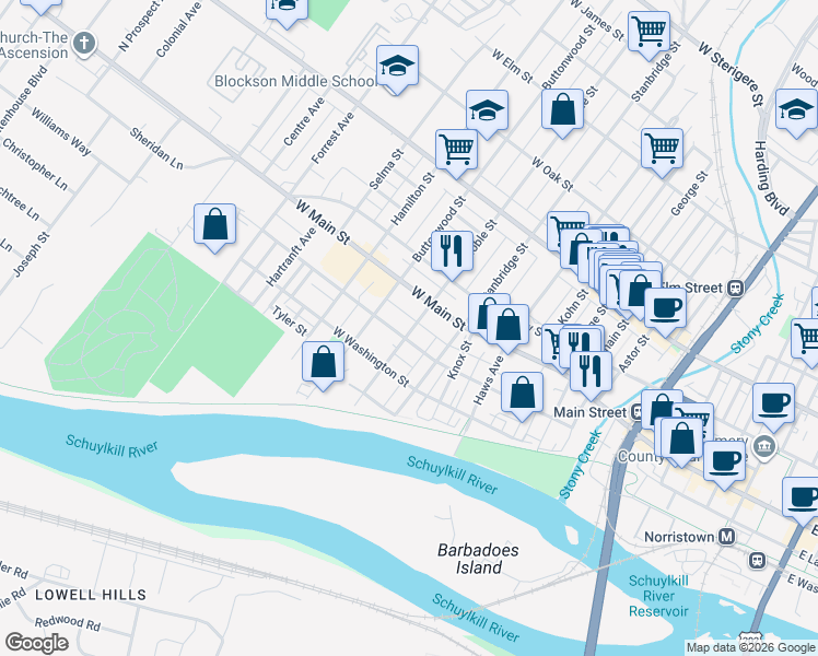 map of restaurants, bars, coffee shops, grocery stores, and more near 131 Noble Street in Norristown