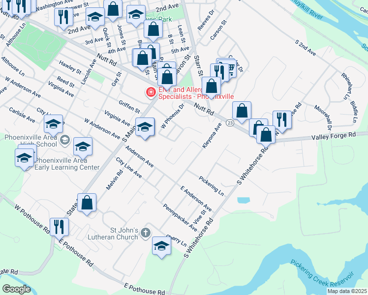 map of restaurants, bars, coffee shops, grocery stores, and more near 36 Kenalcon Drive in Phoenixville