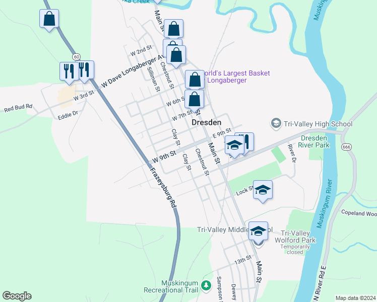 map of restaurants, bars, coffee shops, grocery stores, and more near 29 West 10th Street in Dresden