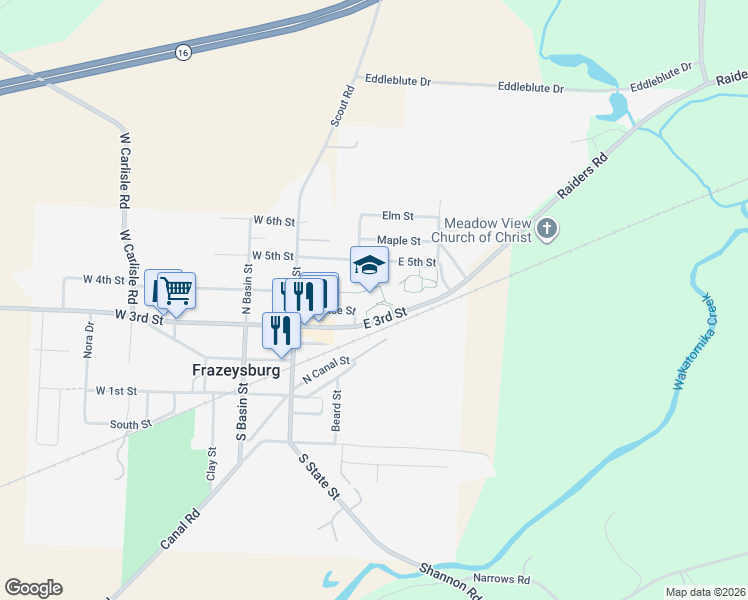 map of restaurants, bars, coffee shops, grocery stores, and more near 101 East 3rd Street in Frazeysburg