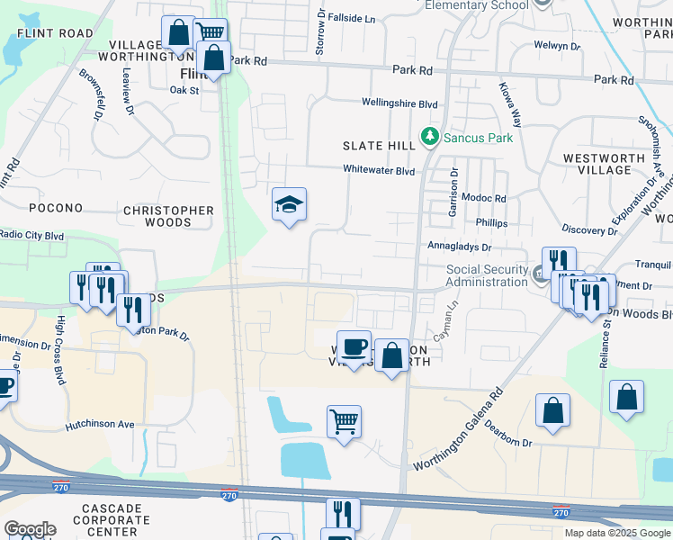 map of restaurants, bars, coffee shops, grocery stores, and more near 570-606 Worthington Woods Boulevard in Columbus