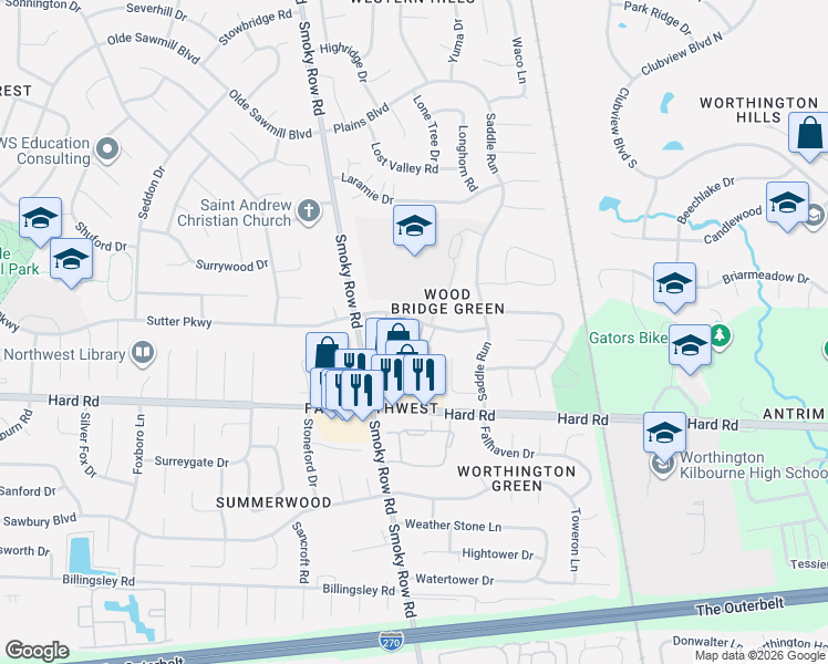 map of restaurants, bars, coffee shops, grocery stores, and more near 7915 Verandah Court in Columbus