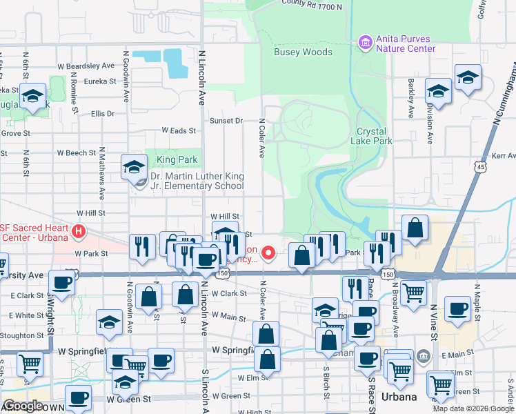 map of restaurants, bars, coffee shops, grocery stores, and more near 805 North Coler Avenue in Urbana