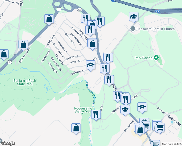 map of restaurants, bars, coffee shops, grocery stores, and more near 2901 Bellview Drive in Bensalem